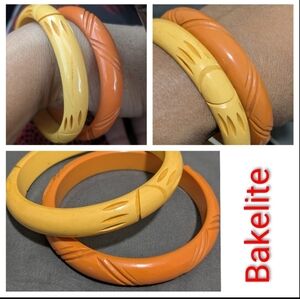 Vintage Bakelite Hand Carved Bangle Bracelets (Both)